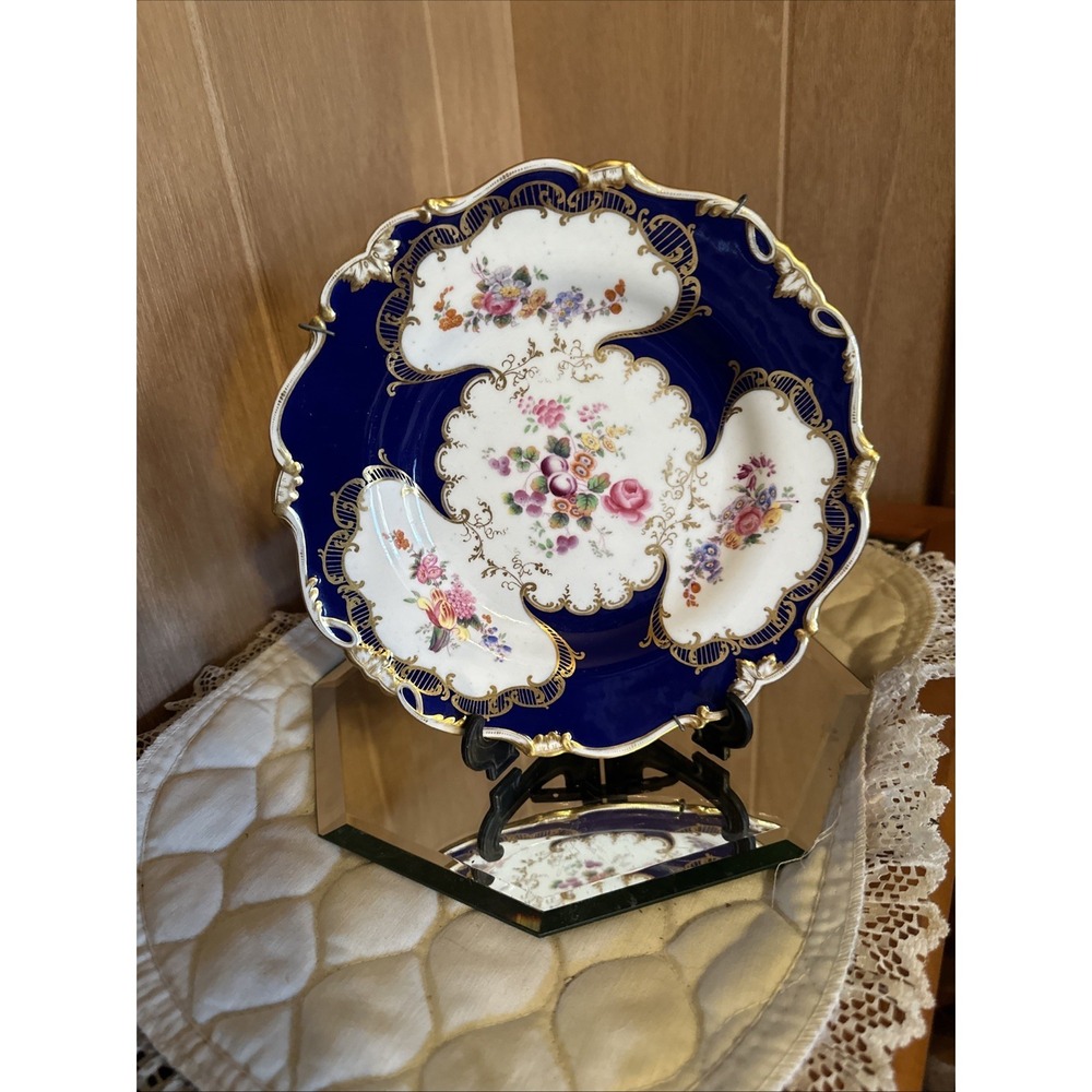 Coalport England porcelain cabinet‎ plate Blue With Gold And Flowers, Batwing